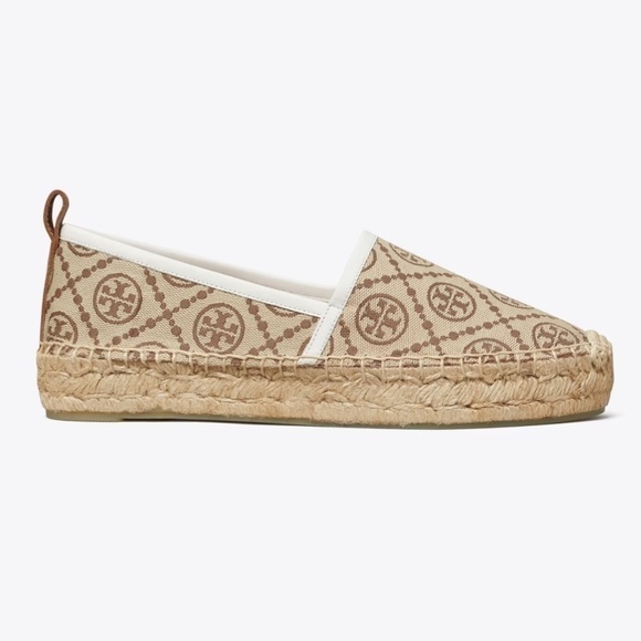NWT TORY BURCH T MONOGRAM PLATFORM ESPADRILLE Hazelnut Logo Jacquard - Picture 5 of 6